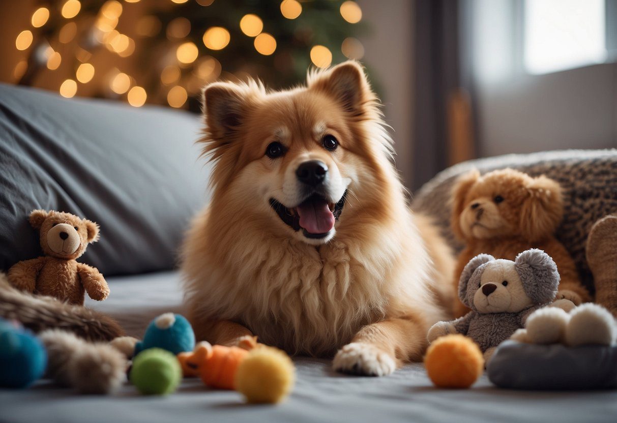 A fluffy dog is being gently brushed, surrounded by toys and a cozy bed, with a family in the background