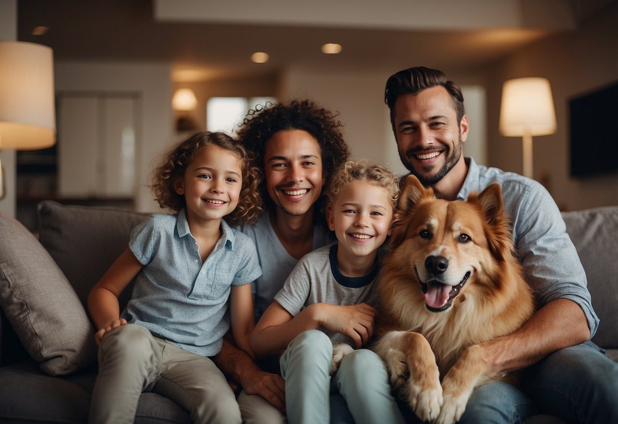 A family of four plays happily in a living room with a hypoallergenic fluffy dog, all smiling and content