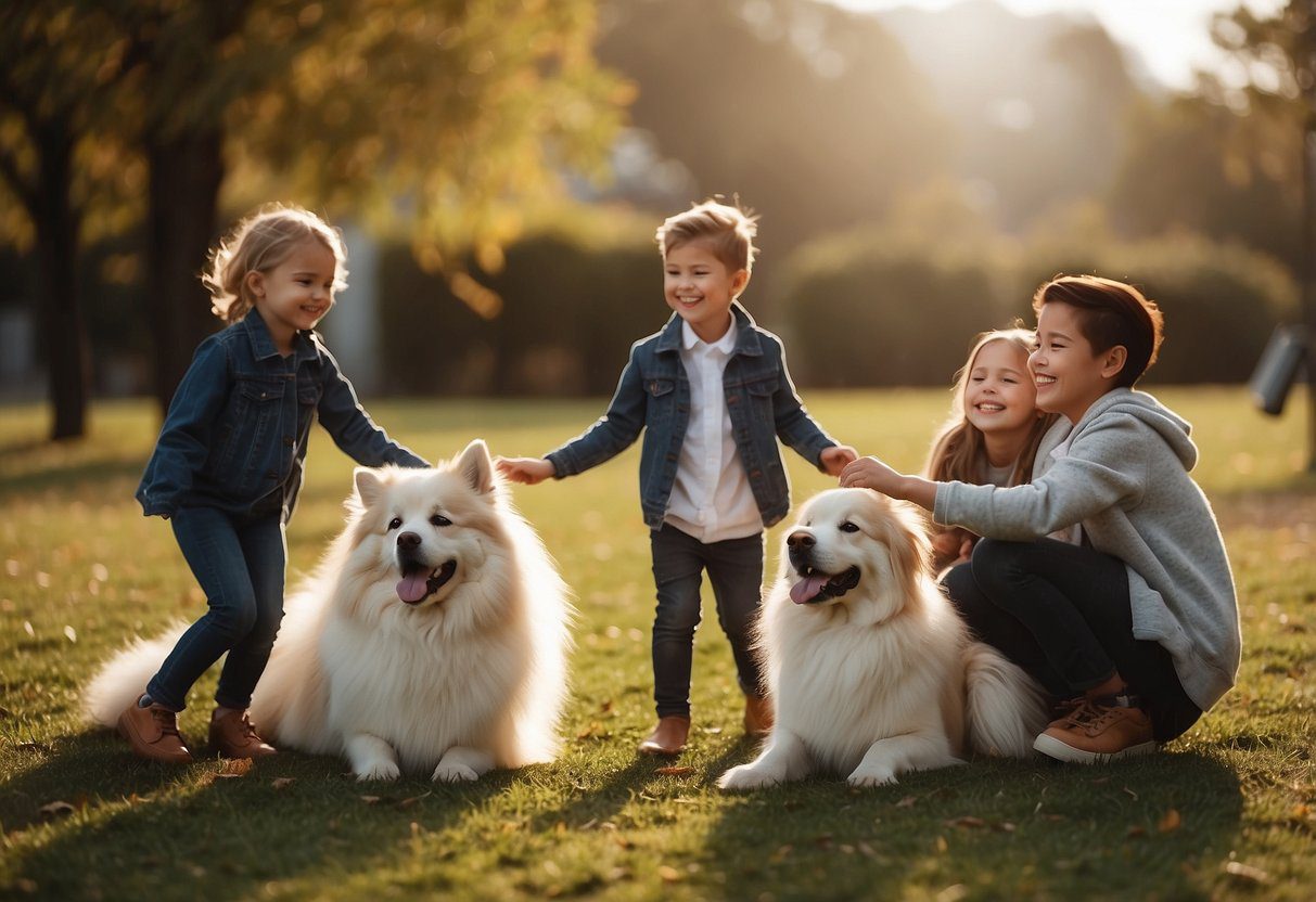 A group of fluffy dogs surrounded by a happy family, with children playing and parents smiling. The dogs are wagging their tails and looking content