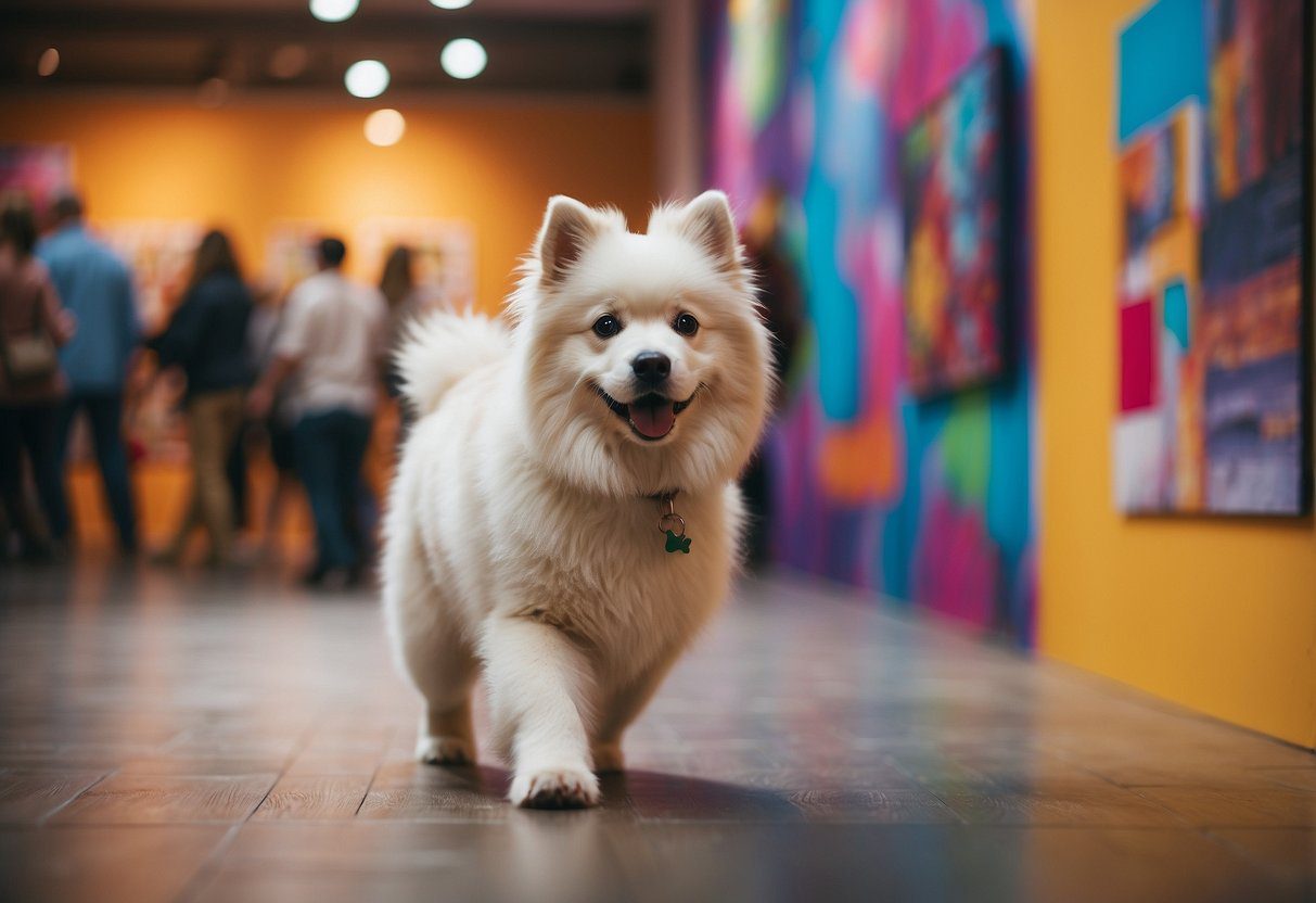 A fluffy dog walks amidst vibrant art displays at a canine art exhibition