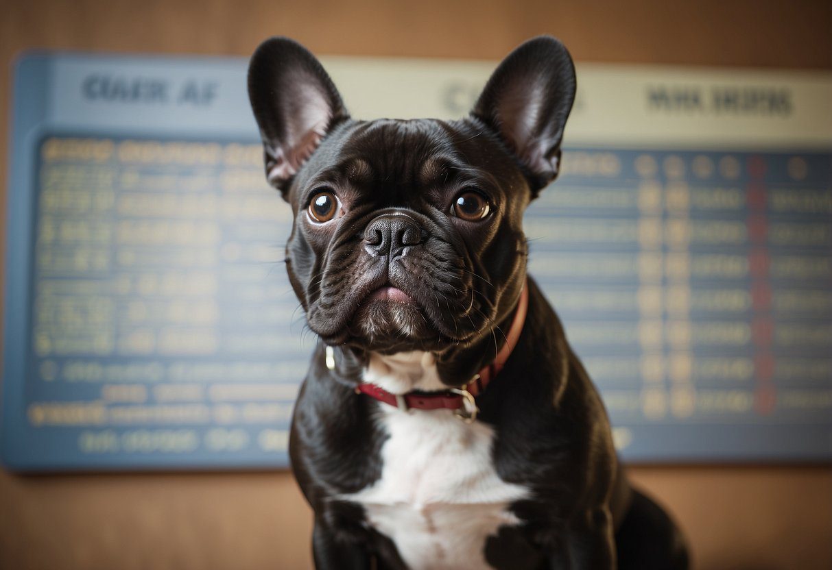 A French bulldog stands beside a feeding chart, with different portion sizes labeled for various ages. The dog looks up eagerly, ready to be fed