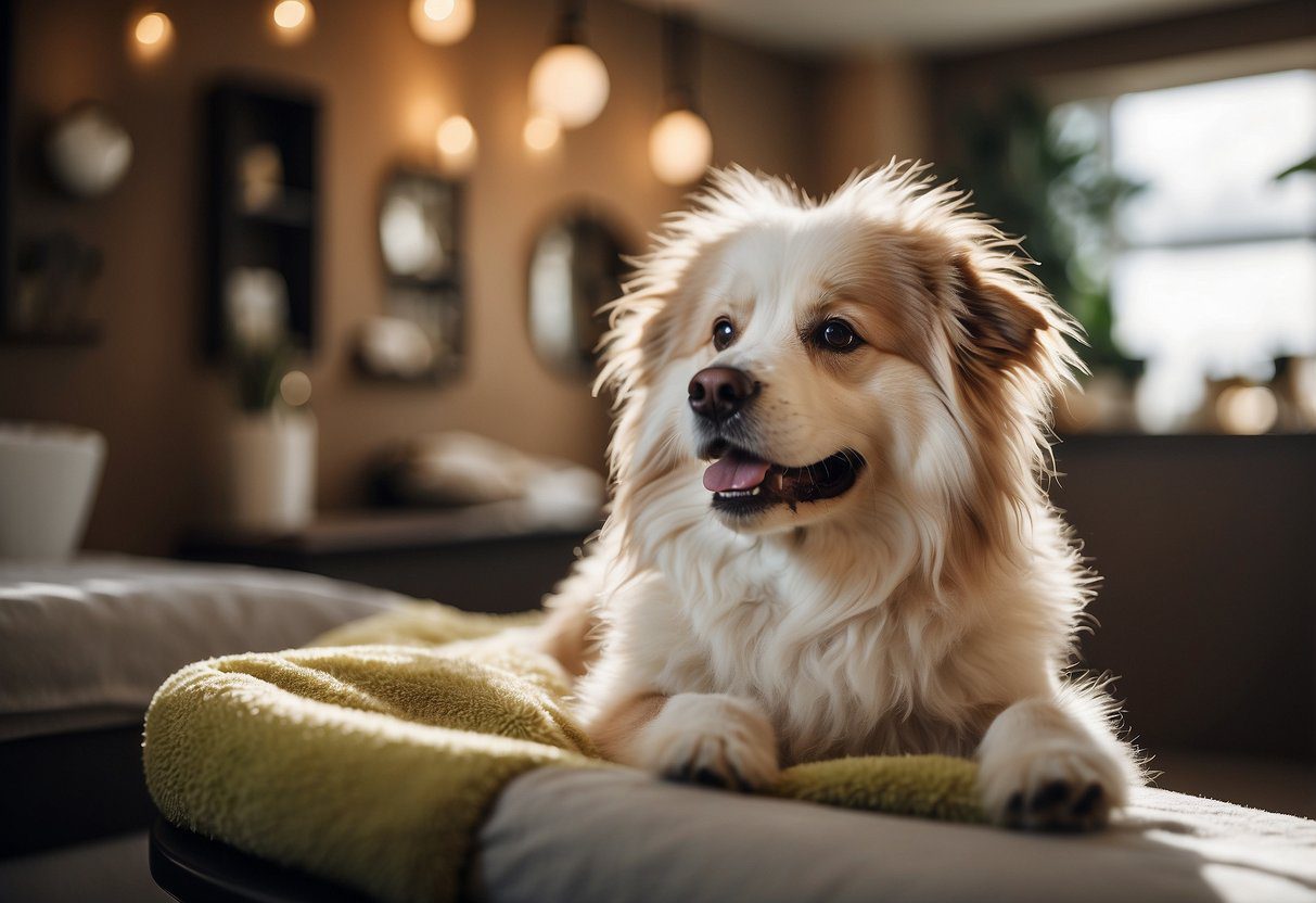 A fluffy dog is getting pampered at a spa with a bubble bath, grooming, and a relaxing massage