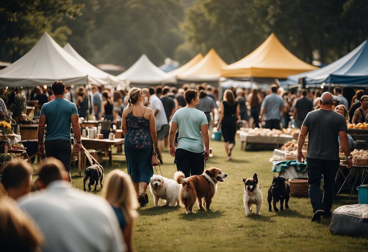 A bustling outdoor dog event with tents, vendors, and happy dogs and their owners enjoying various activities and competitions