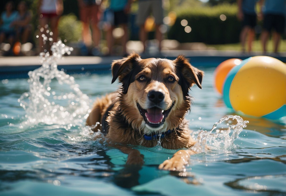 Dogs splashing in a pool, playing with toys, and lounging on floaties at a lively pooch pool party event