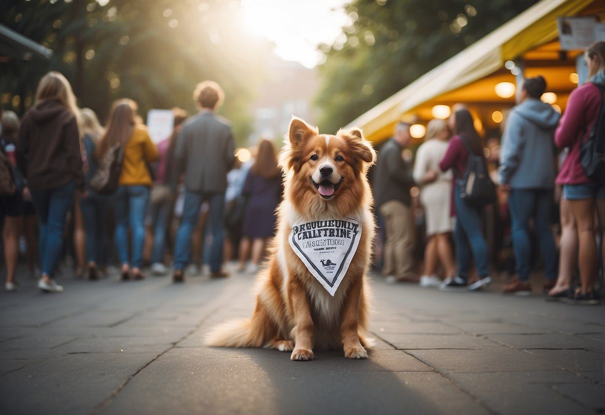 Dogs of various breeds and sizes mingle at a lively pet adoption event, with colorful banners and playful activities