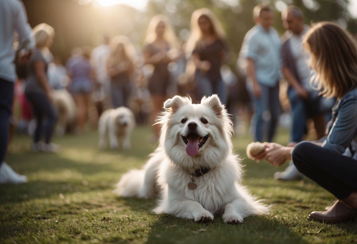 A crowd of happy dog owners and their fluffy companions enjoy games and activities at a lively Fluffy Dog Events gathering