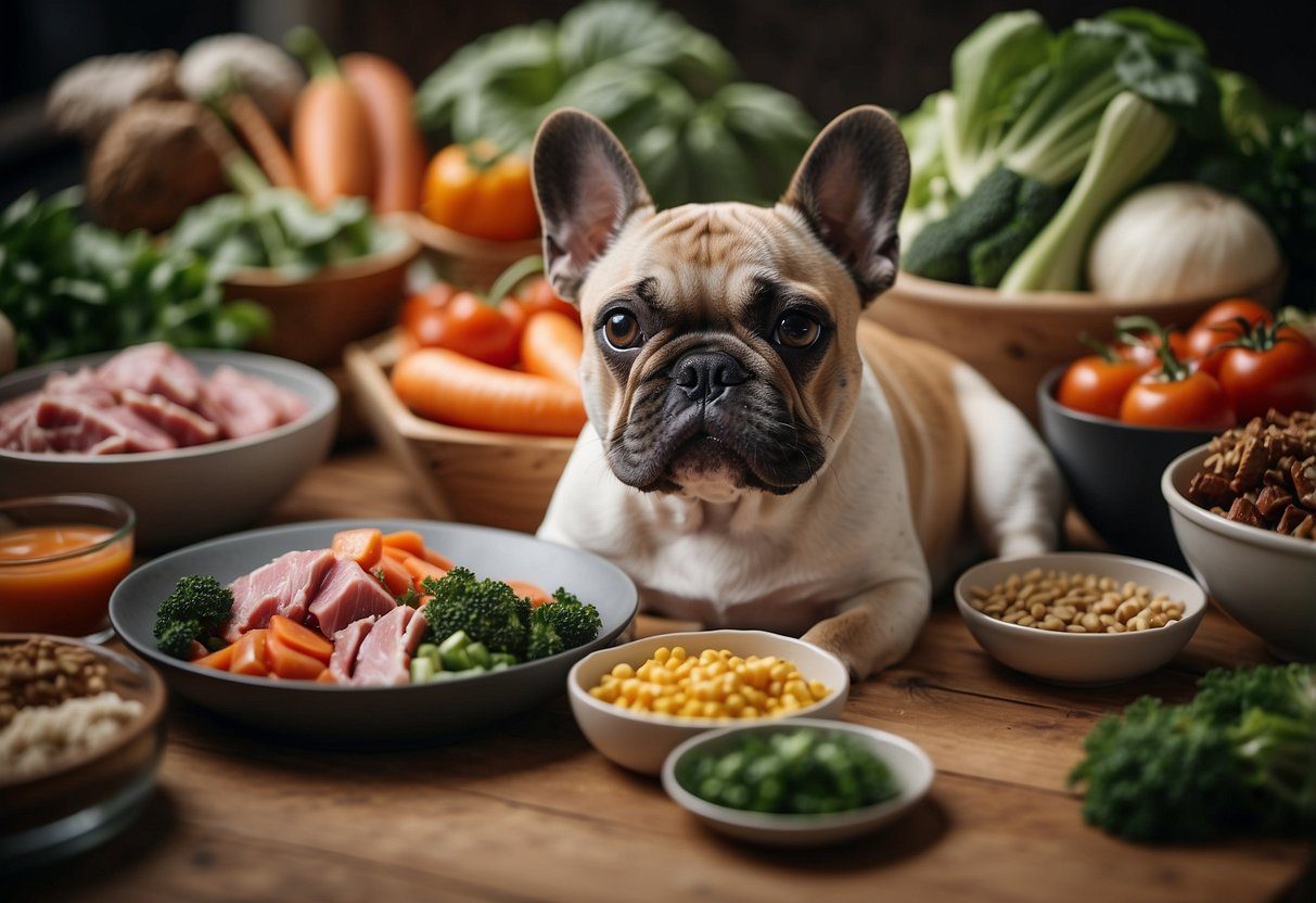 A French Bulldog eagerly eats a raw diet, looking healthy and energetic. However, the potential drawbacks of raw feeding are also depicted, such as the risk of bacterial contamination and unbalanced nutrition