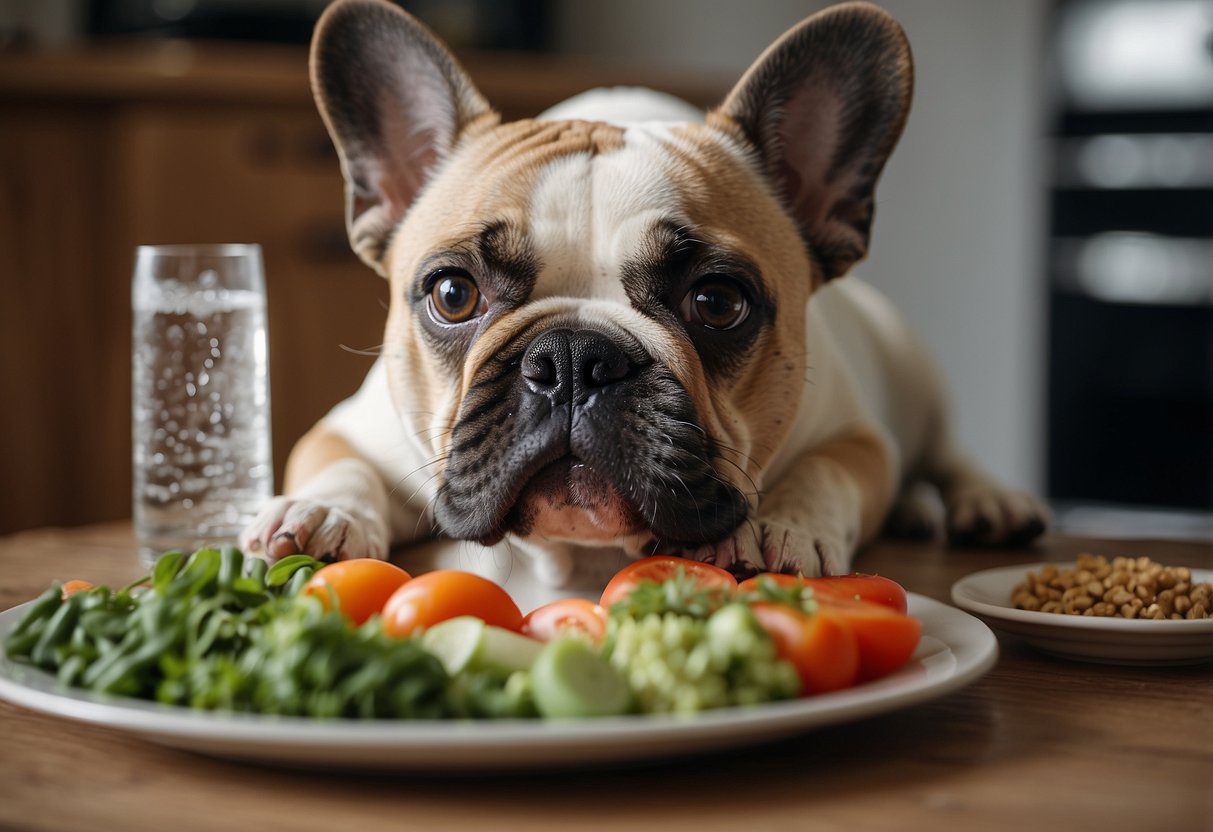 A French Bulldog eagerly devours a raw diet meal, surrounded by fresh, raw ingredients and a bowl of water