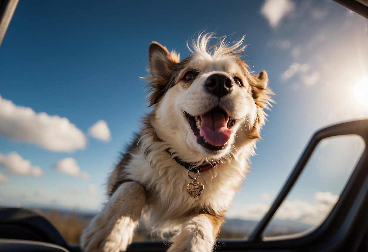 A fluffy dog sits by a suitcase, surrounded by a leash, food bowl, and toys. The suitcase is open, filled with dog essentials like a bed and grooming supplies