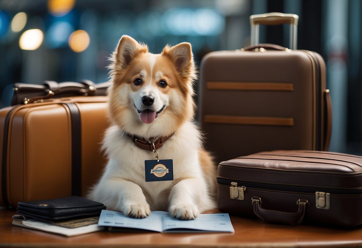 A fluffy dog sits next to a suitcase with a travel sticker. A map and passport lay nearby